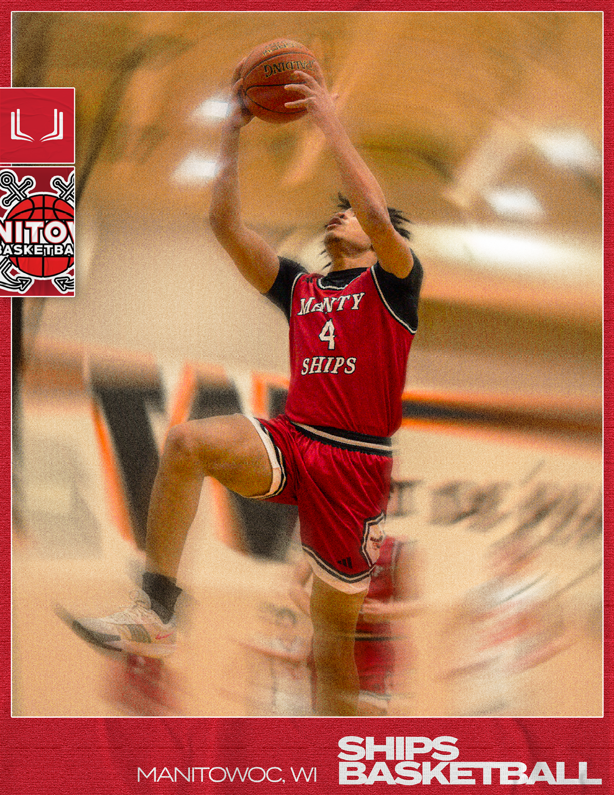 A basketball player wearing a red jersey with the number 4 on it, jumping up to catch a basketball. AI generated content