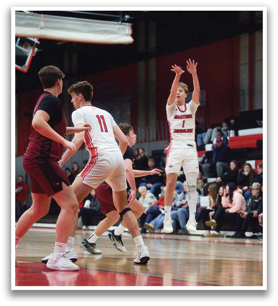 A basketball game is in progress with two teams playing. One player is jumping to catch the ball while the other team members are in position. The crowd is watching the game intently. AI generated content