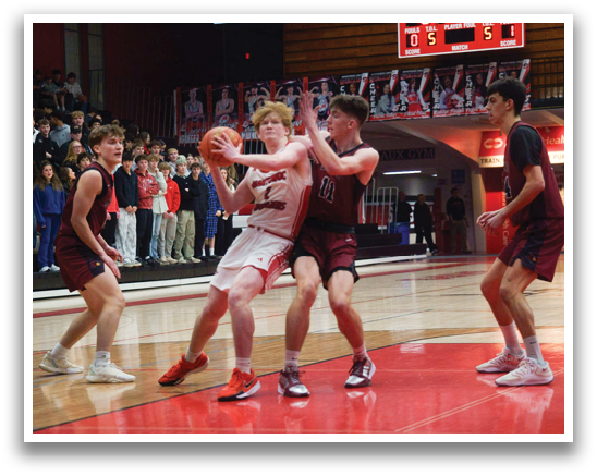 A group of men playing basketball, with one man holding a basketball and two others trying to block him. AI generated content