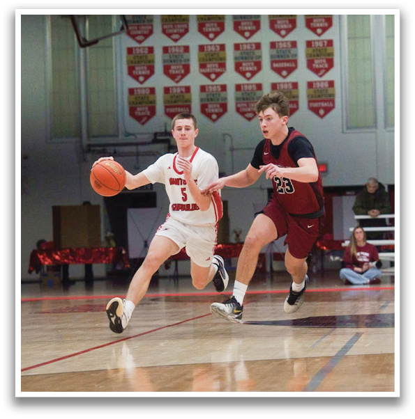 Two basketball players on a court, one holding a ball. AI generated content