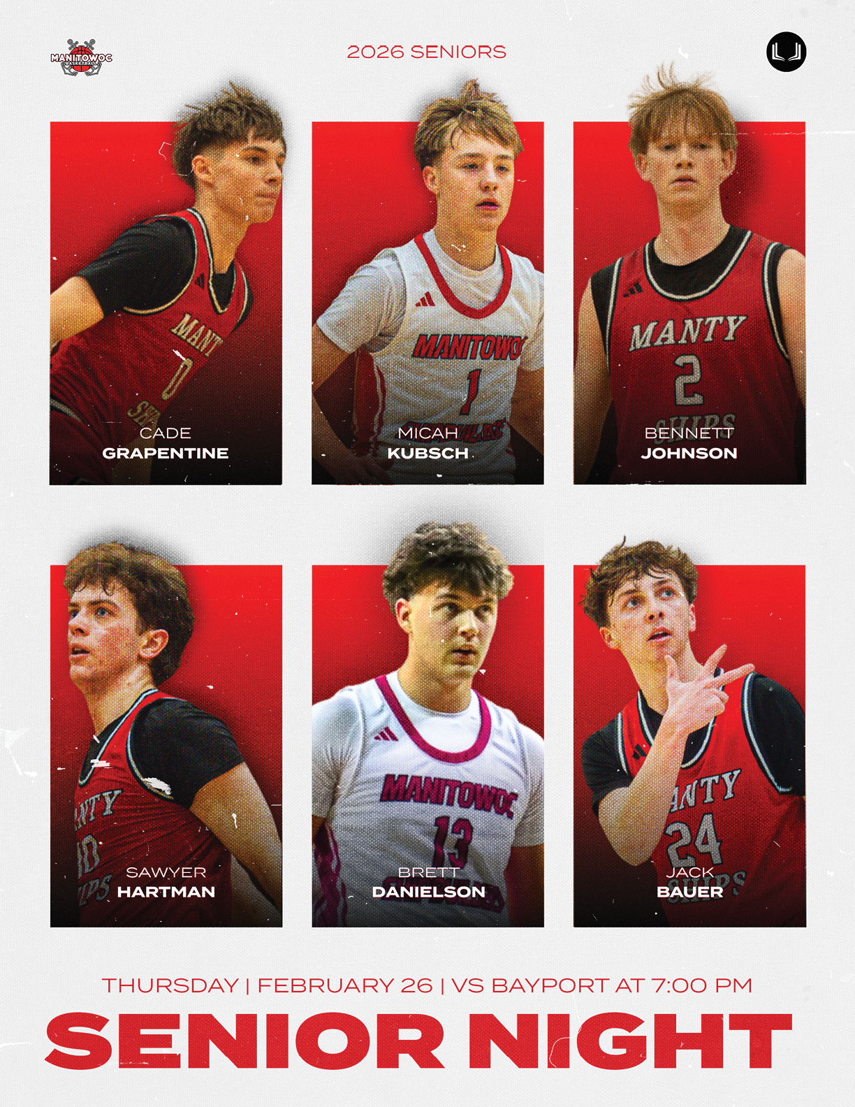 A group of five basketball players are shown on a poster for a senior night event. AI generated content