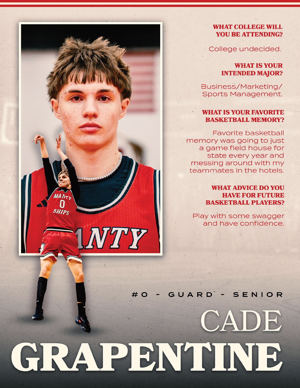A young man in a red and black basketball uniform is shown on a poster. AI generated content