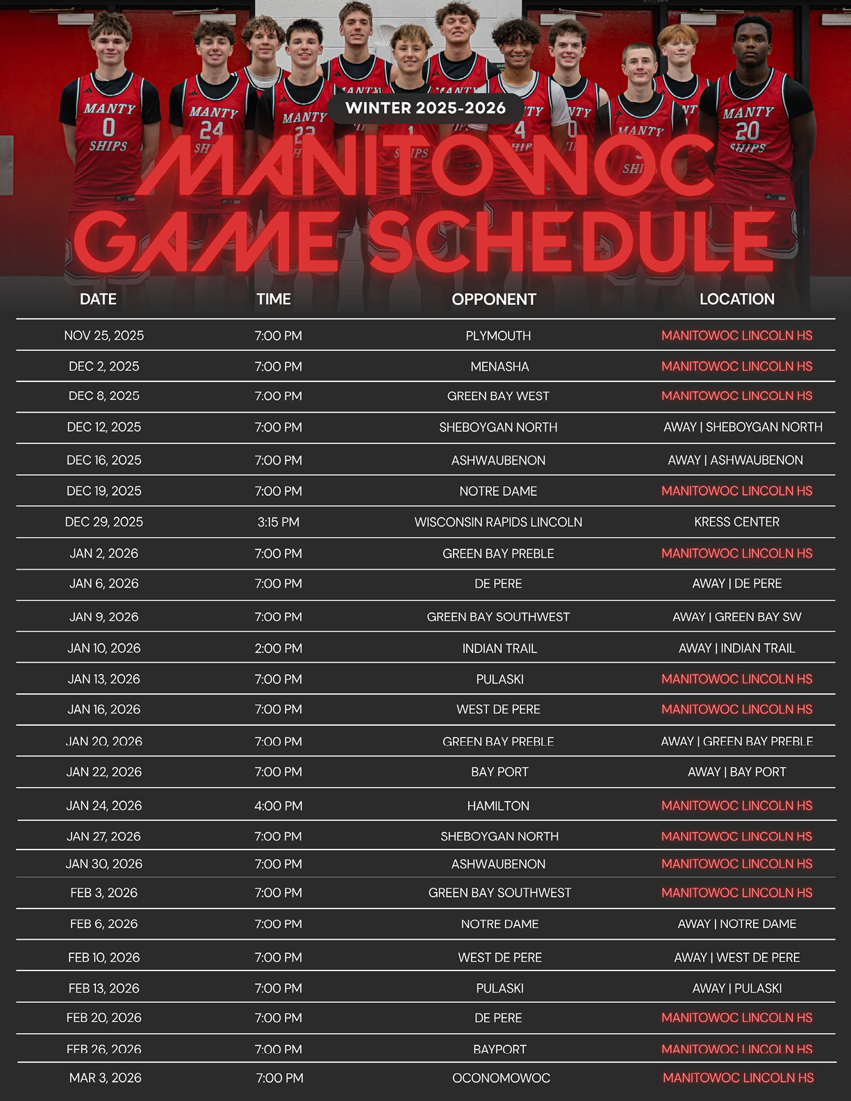 A calendar displaying a game schedule for the Manitowoc basketball team. AI generated content