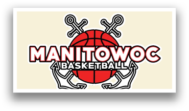 A red and white logo for Manitowoc Basketball. AI generated content