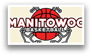 A red and white logo for Manitowoc Basketball. AI generated content