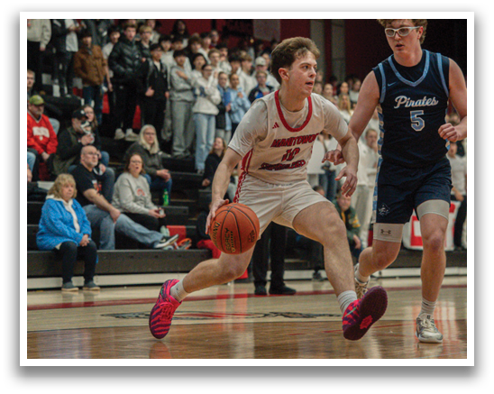 A basketball player is running with a ball in his hand. AI generated content