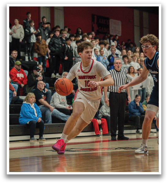 Two basketball players on the court, one with a basketball in his hand. AI generated content