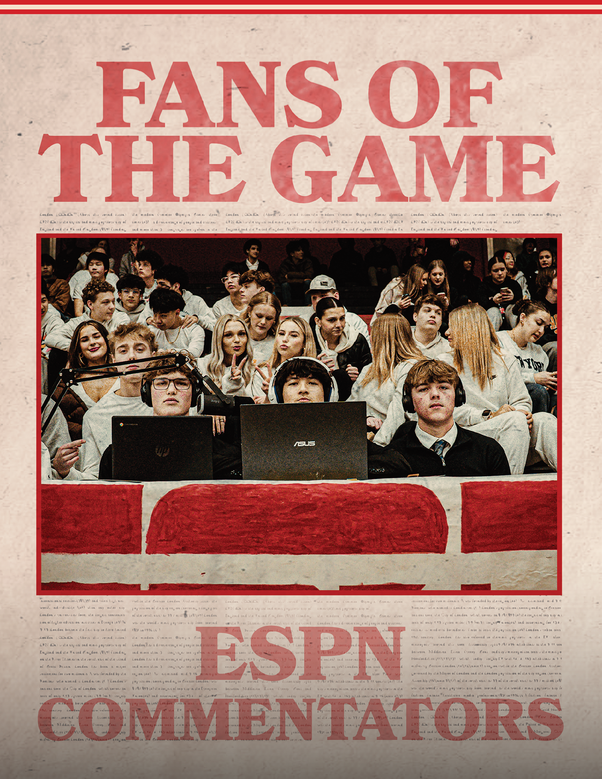 A group of people are sitting in front of a laptop, with some of them wearing ties. The image is described as a “Fans of the Game" advertisement. AI generated content