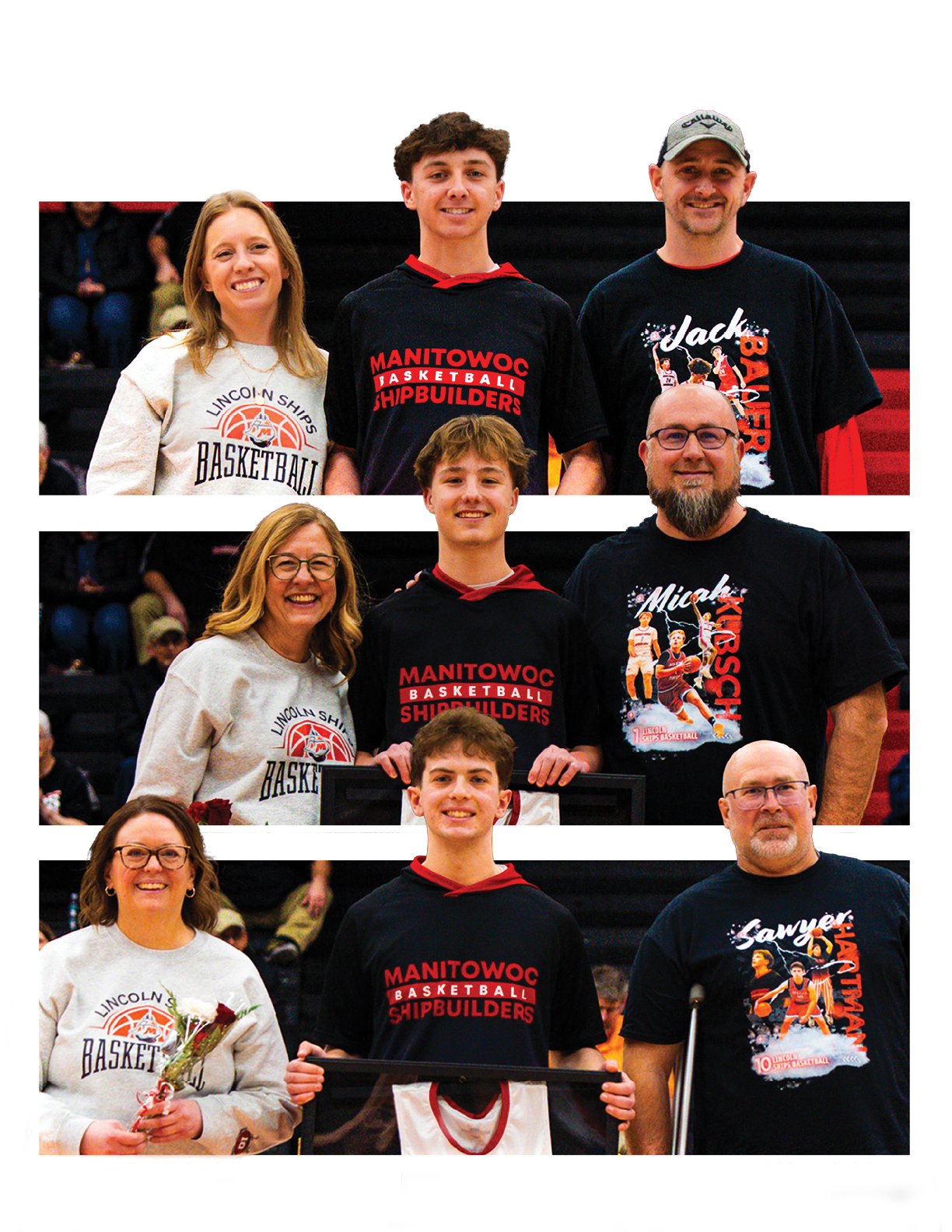 A family poses for a photo in front of a basketball court. AI generated content