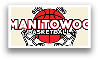 A red and white logo for Manitowoc Basketball. AI generated content