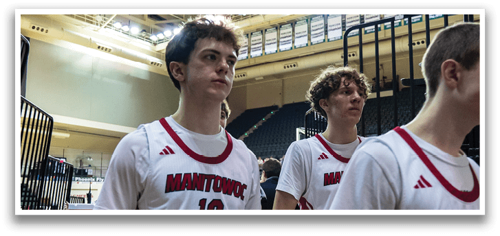 Three male basketball players wearing white uniforms and red shorts are walking on a basketball court. AI generated content