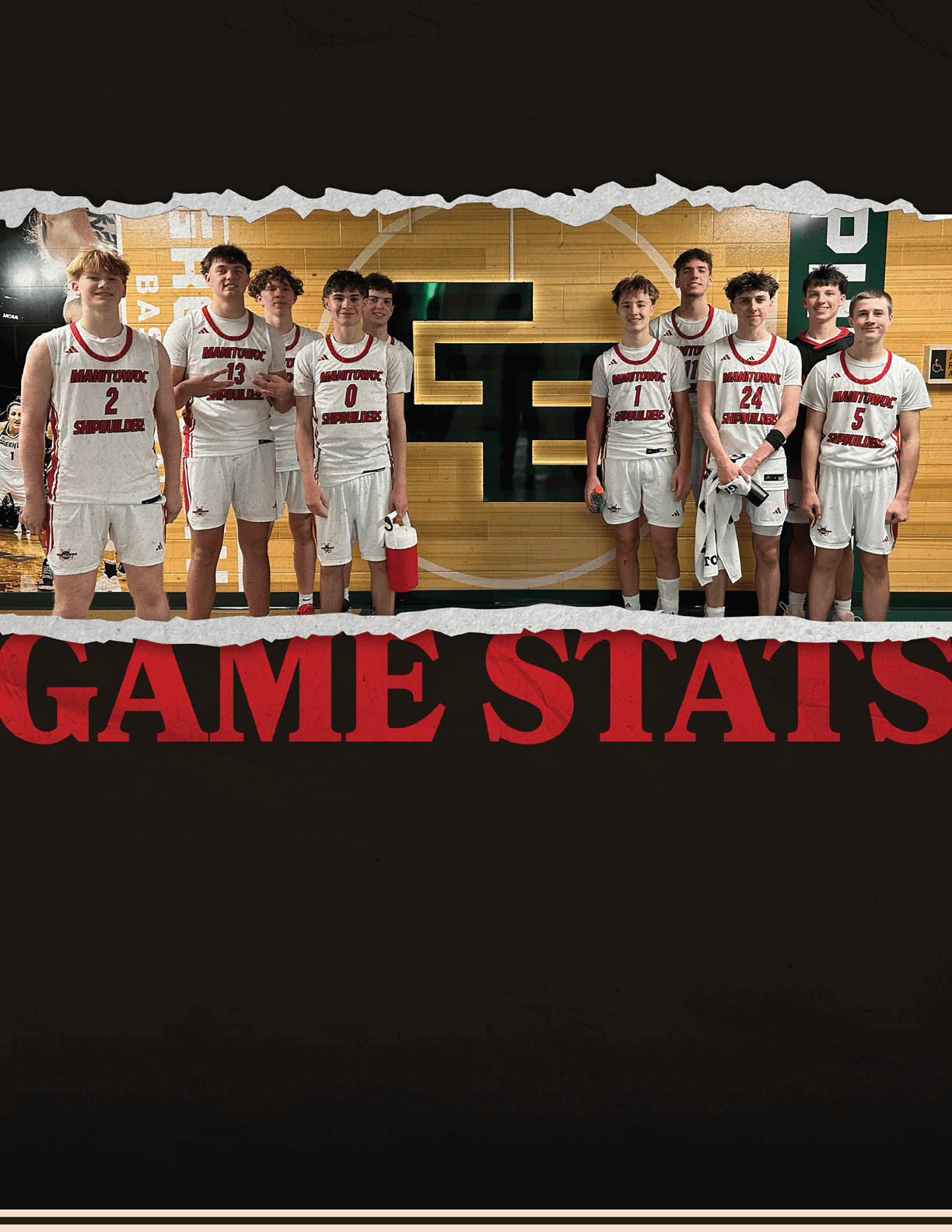 A group of young men pose for a photo in front of a sign that says “Game Stats." AI generated content