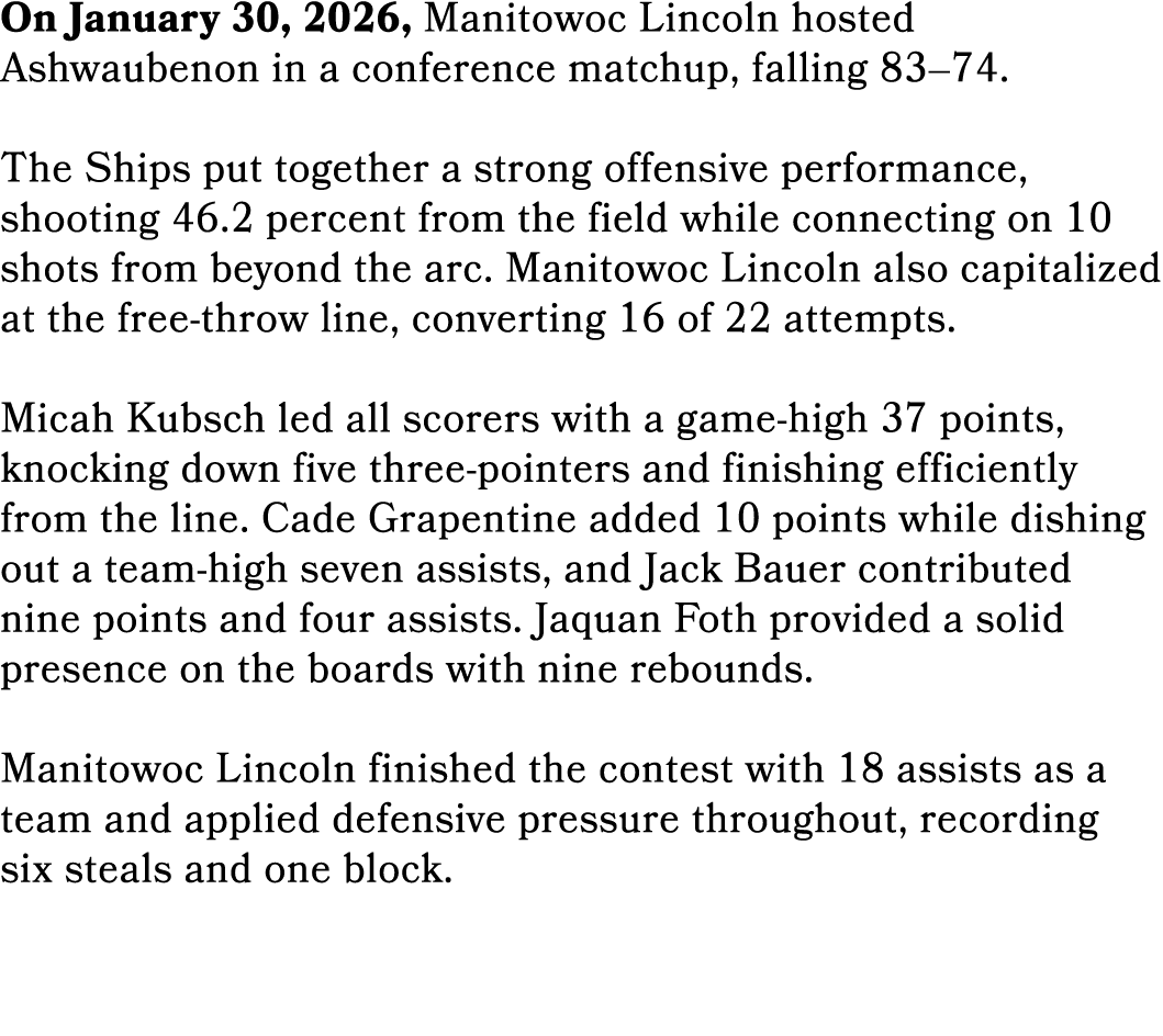 On January 30, 2026, Manitowoc Lincoln hosted Ashwaubenon in a conference matchup, falling 83–74. The Ships put toget...