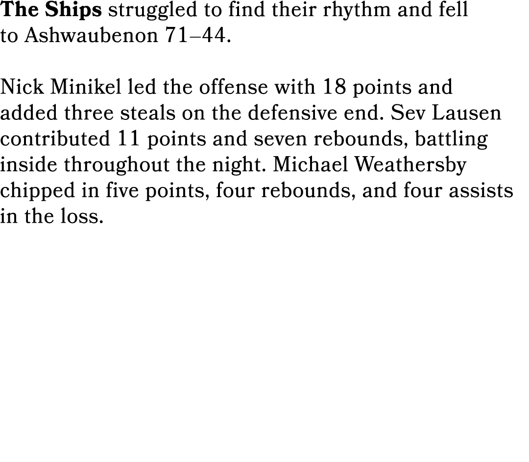 The Ships struggled to find their rhythm and fell to Ashwaubenon 71–44. Nick Minikel led the offense with 18 points a...