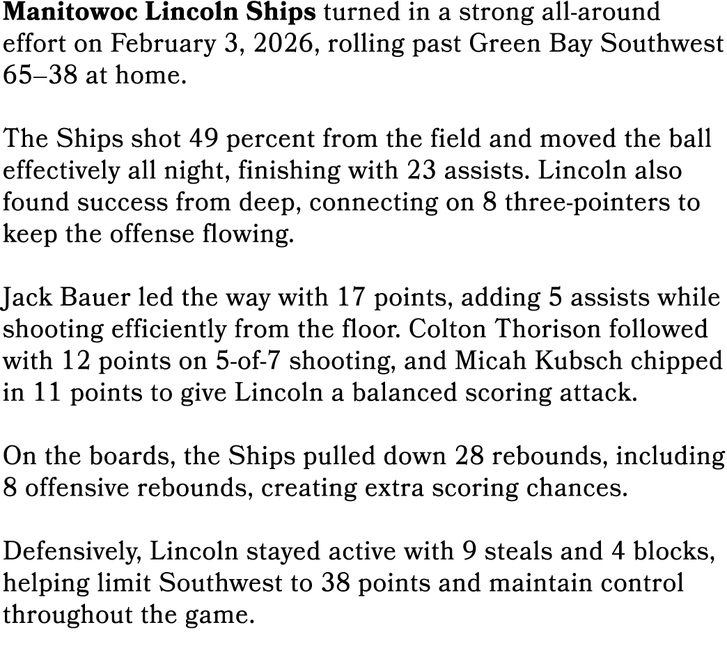 Manitowoc Lincoln Ships turned in a strong all around effort on February 3, 2026, rolling past Green Bay Southwest 65...
