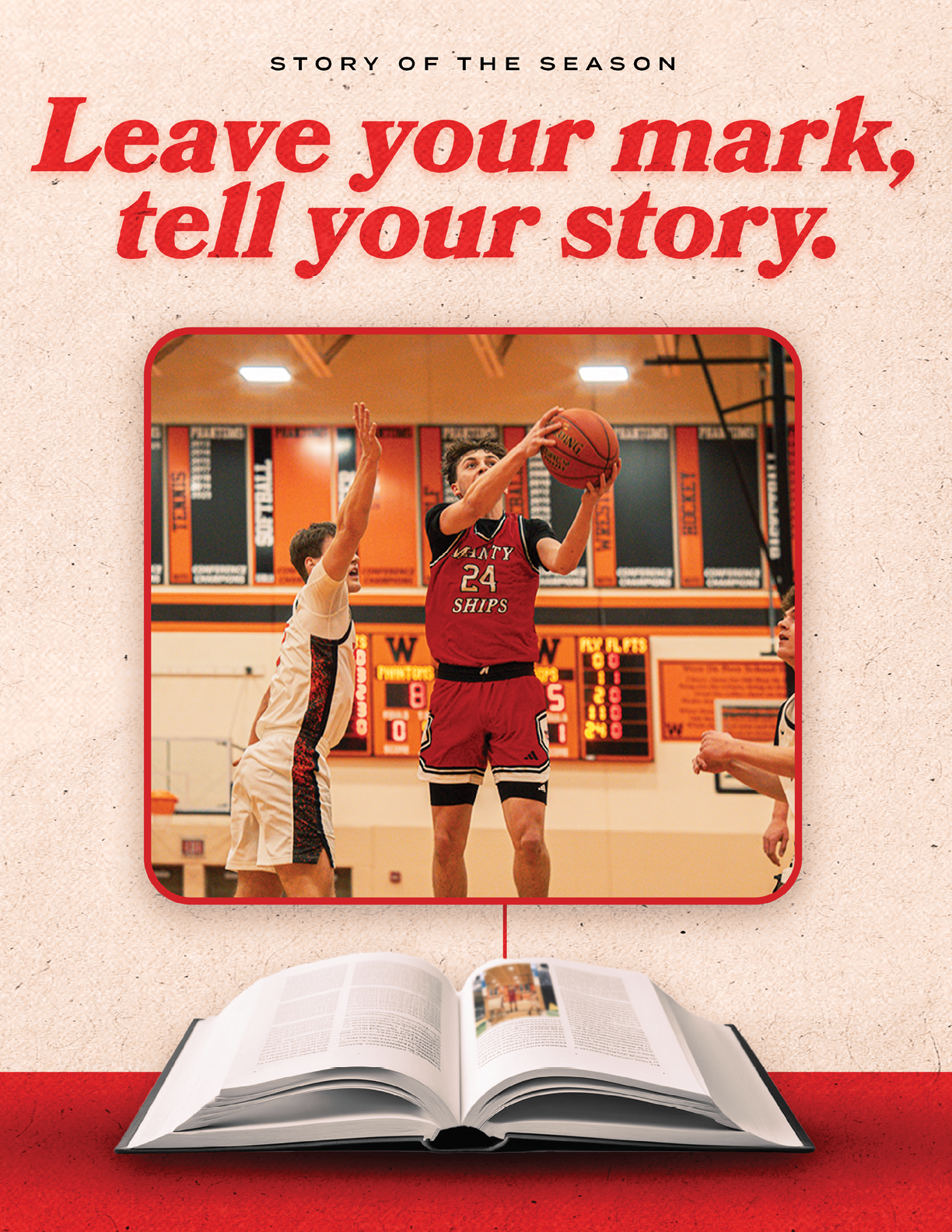 A basketball player is seen in action, jumping up to shoot the ball. The player is wearing a red jersey and is surrounded by other players on the court. AI generated content