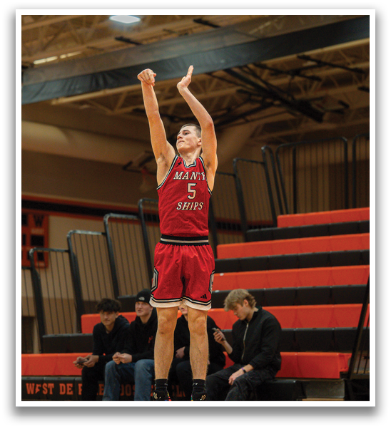 A basketball player in a red jersey is jumping up to shoot the ball. AI generated content