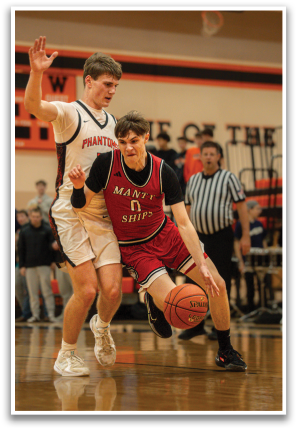 Two basketball players on a court, one in red and one in white, competing for the ball. AI generated content