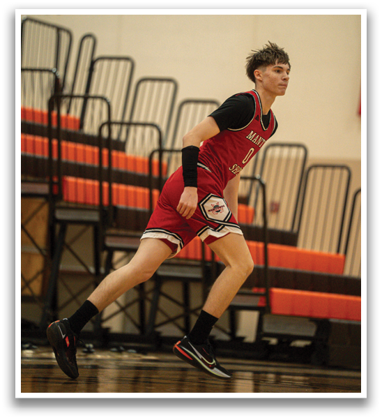 A man wearing a red jersey is running on a basketball court. AI generated content
