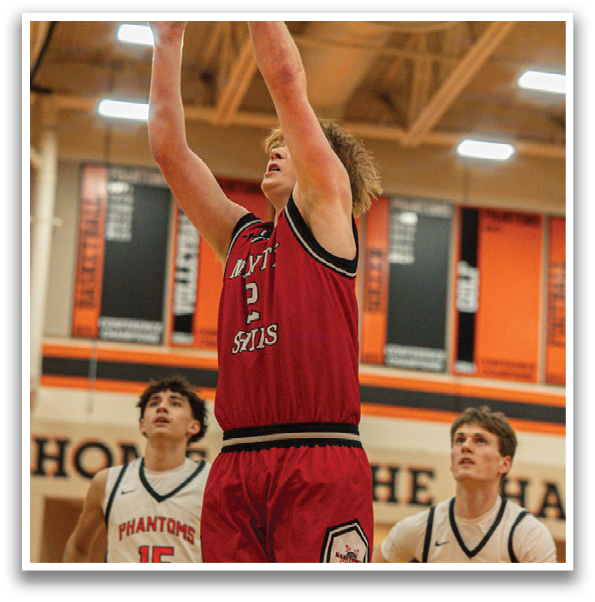 A basketball player in a red jersey is jumping up to shoot the ball. AI generated content
