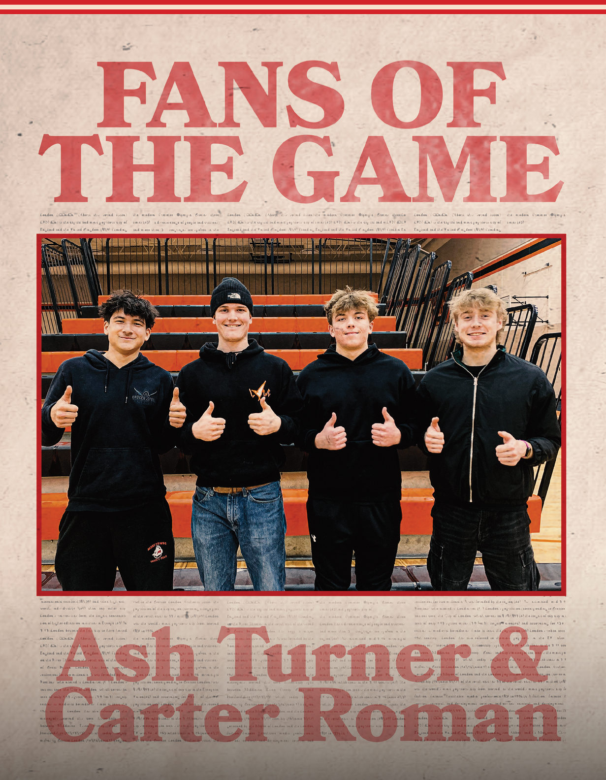 Four young men pose for a picture in front of a bleacher. AI generated content