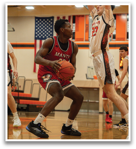 Two basketball players on the court, one holding a basketball. AI generated content