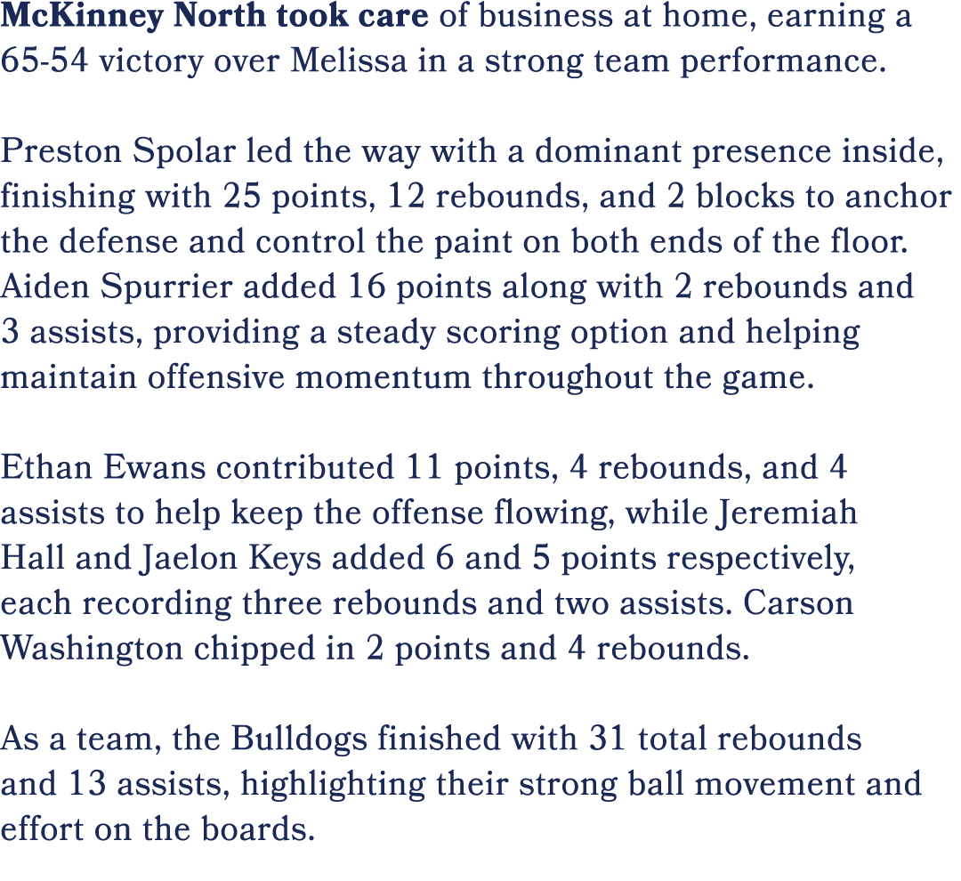 McKinney North took care of business at home, earning a 65 54 victory over Melissa in a strong team performance. Pres...