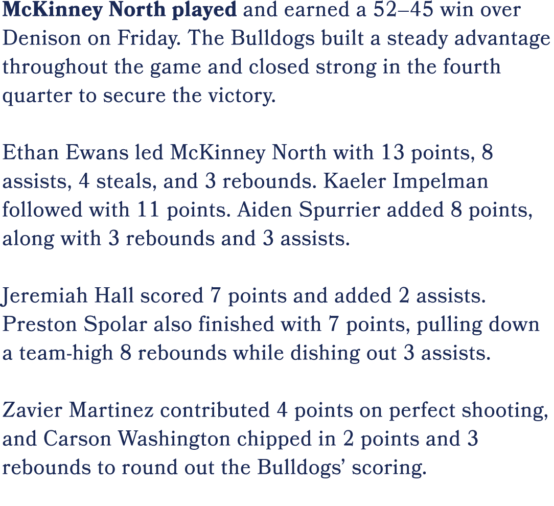 McKinney North played and earned a 52–45 win over Denison on Friday. The Bulldogs built a steady advantage throughout...