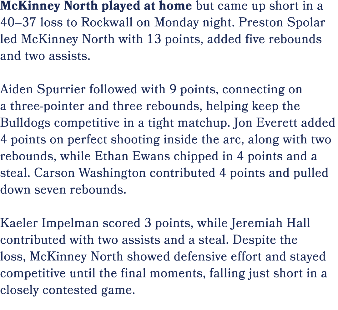 McKinney North played at home but came up short in a 40–37 loss to Rockwall on Monday night. Preston Spolar led McKin...
