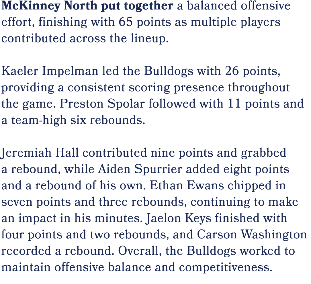 McKinney North put together a balanced offensive effort, finishing with 65 points as multiple players contributed acr...