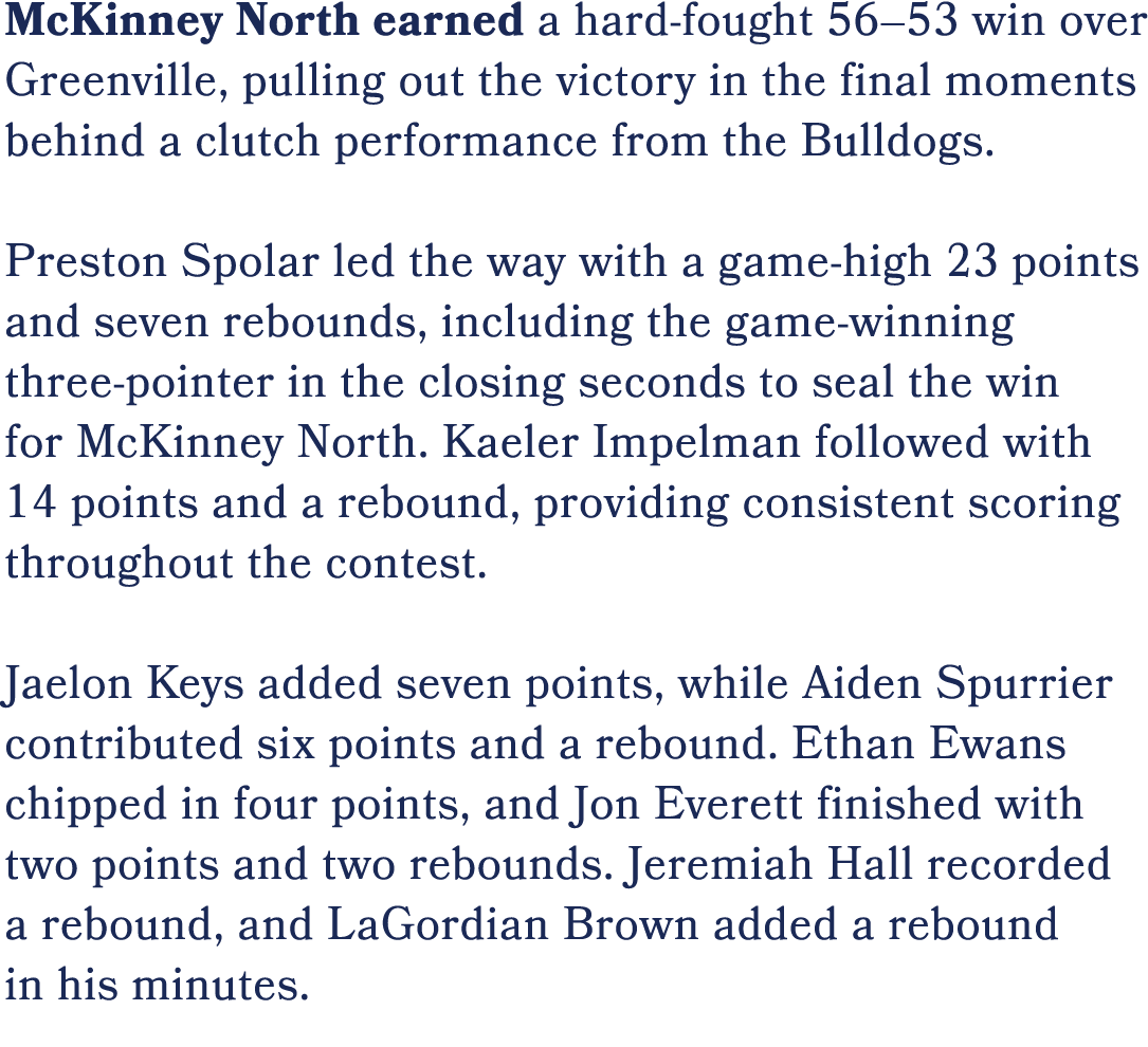 McKinney North earned a hard fought 56–53 win over Greenville, pulling out the victory in the final moments behind a ...