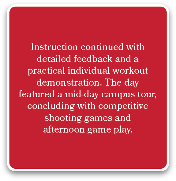 Instruction continued with detailed feedback and a practical individual workout demonstration. The day featured a mid...