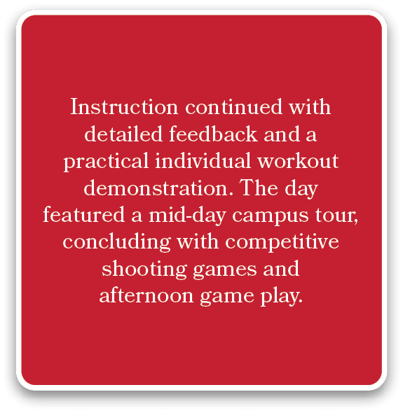 Instruction continued with detailed feedback and a practical individual workout demonstration. The day featured a mid...