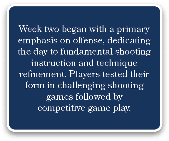 Week two began with a primary emphasis on offense, dedicating the day to fundamental shooting instruction and techniq...