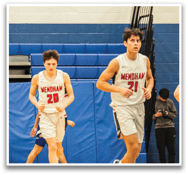 Two men wearing basketball uniforms are running on a basketball court. AI generated content