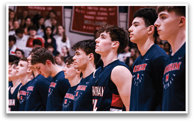 A group of young men wearing blue uniforms stand in a line on a basketball court. AI generated content