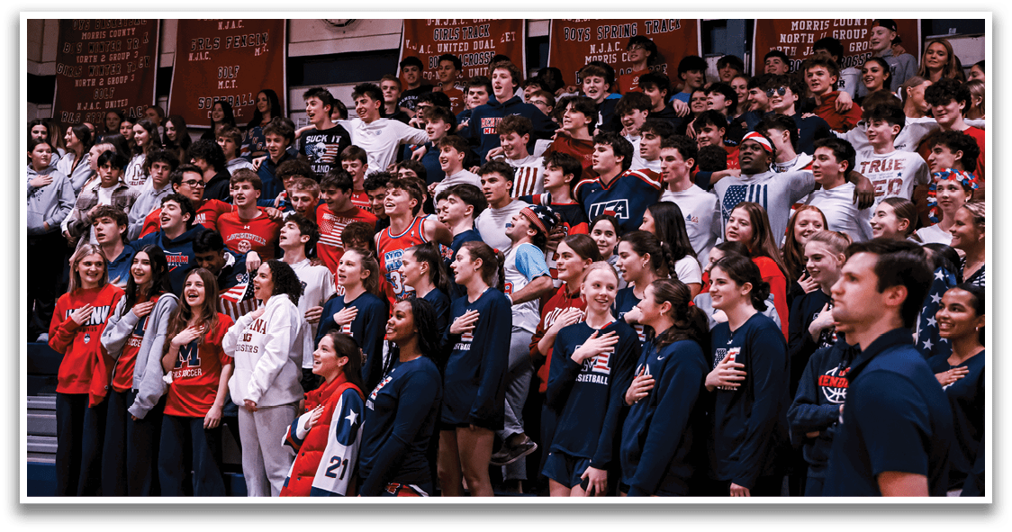 A group of people are standing in front of a crowd, some of them are wearing red and white. AI generated content