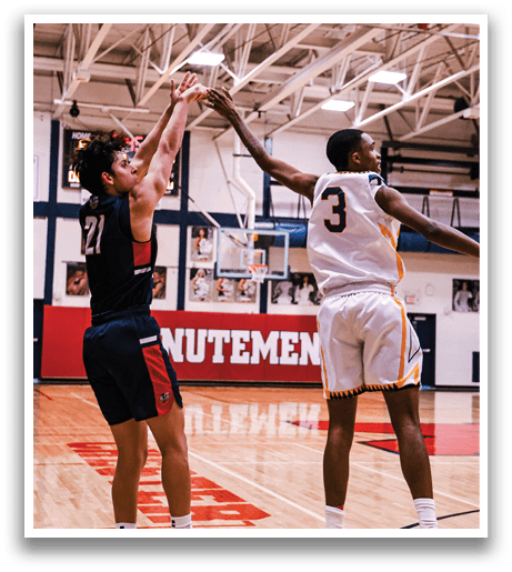 Two basketball players are fighting for a rebound. AI generated content