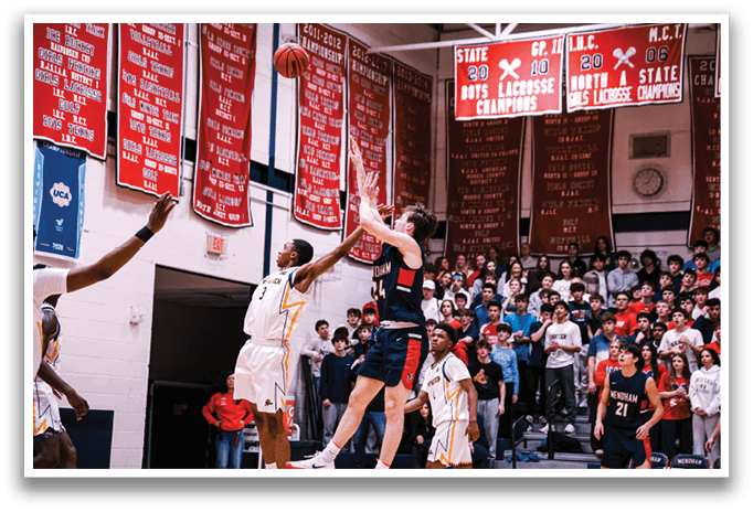 Basketball players on a court, one of them is about to shoot the ball. AI generated content