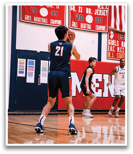 Basketball players on a court, one of them wearing a number 22 jersey. AI generated content