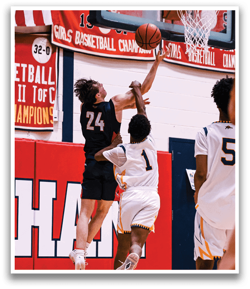 Two basketball players are leaping for the ball, one of them wearing a number 24 jersey. AI generated content