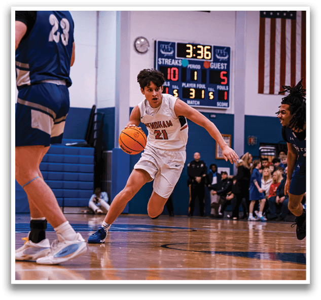 A basketball player in a white uniform is running with a basketball in his hand. AI generated content