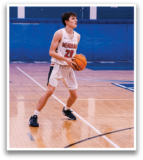 A basketball player is holding a ball in front of a referee and other players. AI generated content