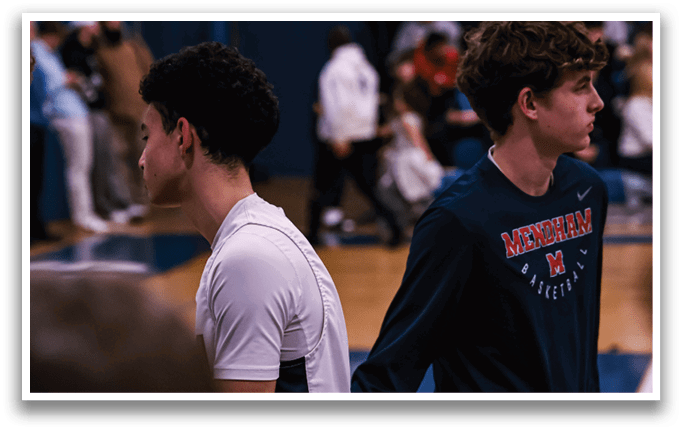 Two men wearing white shirts and shorts stand on a basketball court. AI generated content