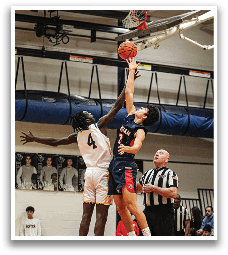 Two basketball players are leaping in the air to reach the basketball. AI generated content