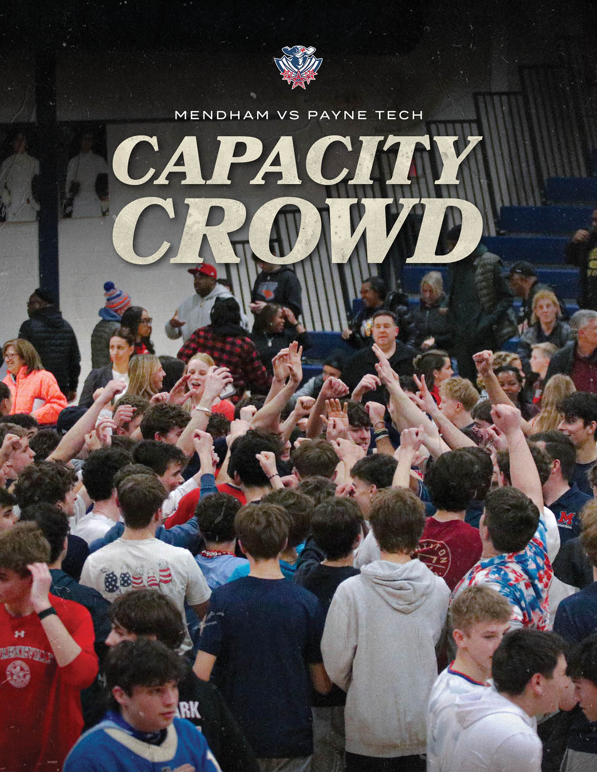 A group of people are gathered in a stadium, with some of them raising their hands in the air. AI generated content