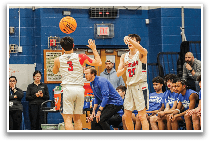 A group of people playing basketball, with one person holding a basketball in the air. AI generated content