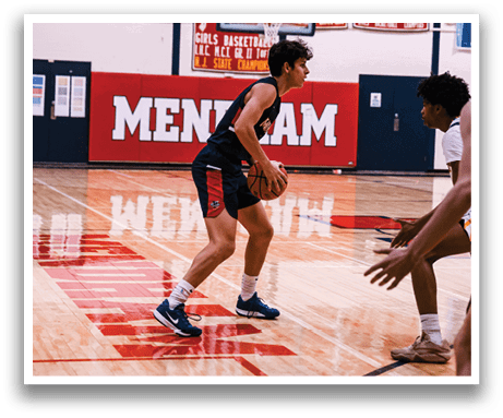 Two basketball players on a court, one holding a basketball. AI generated content