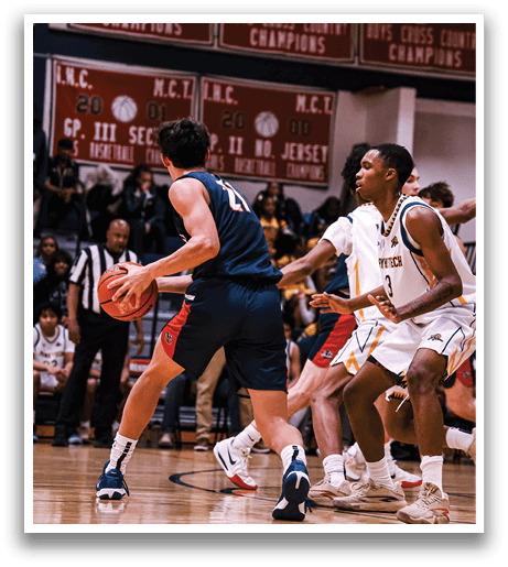 A group of men playing basketball, one of them holding a basketball. AI generated content