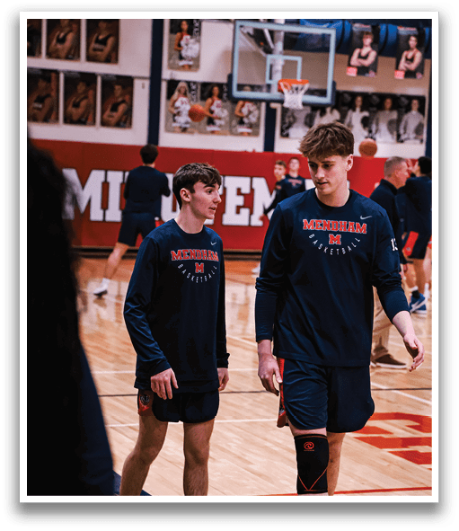 Two basketball players standing on a court, one with a cast on his leg. AI generated content